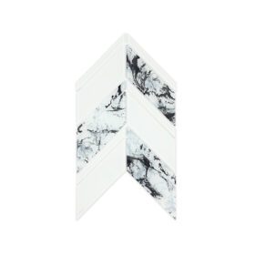 White and black marble-look chevron glass mosaic tile for kitchen backsplashes, bathroom walls, and showers.