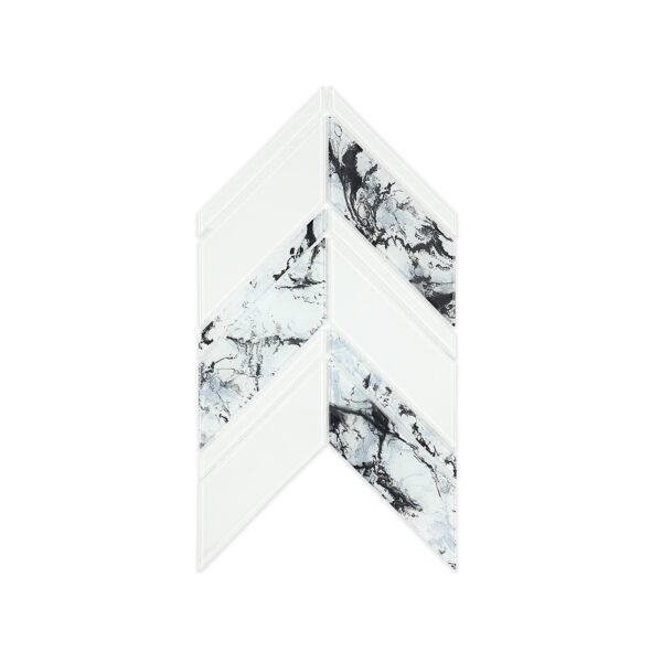 White and black marble-look chevron glass mosaic tile for kitchen backsplashes, bathroom walls, and showers.