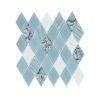 Diamond-shaped blue glass mosaic tile sheet featuring a mix of matte, polished, and textured finishes