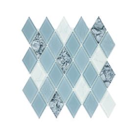 Diamond-shaped blue glass mosaic tile sheet featuring a mix of matte, polished, and textured finishes