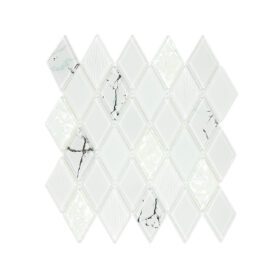 White glass mosaic tile with diamond pattern.