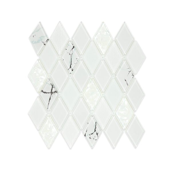 White glass mosaic tile with diamond pattern.