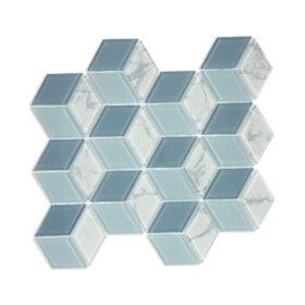 Diamond cube mosaic tile with 3D geometric pattern, showcasing shades of blue and marble accents