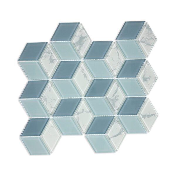 Diamond cube mosaic tile with 3D geometric pattern, showcasing shades of blue and marble accents