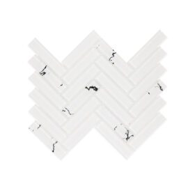 Full sheet view of White Glass Herringbone Mosaic Tile, Marble Look