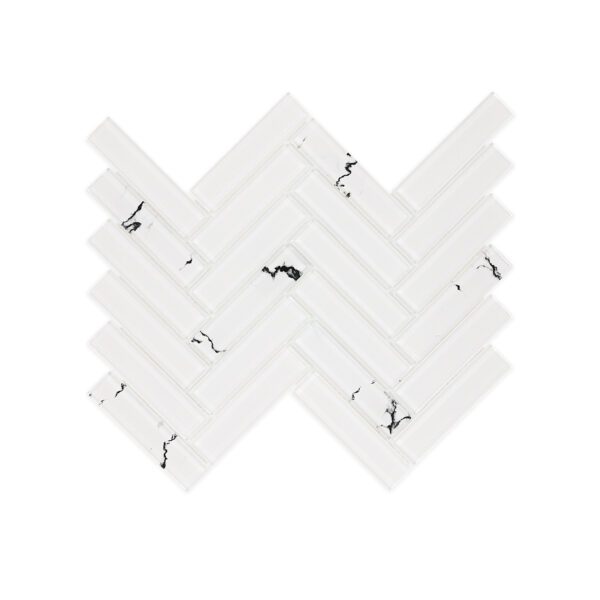 Full sheet view of White Glass Herringbone Mosaic Tile, Marble Look