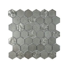 "Textured Gray Hexagon Glass Mosaic Tile, 12x12 inch sheet