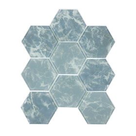 Blue Hexagon Marble Look Glass Mosaic Backsplash Tile, featuring a bold blue color and hexagon shape, mounted on an 11.5’’ X 10.5’’ mesh.