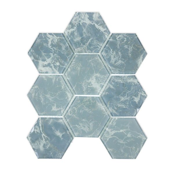 Blue Hexagon Marble Look Glass Mosaic Backsplash Tile, featuring a bold blue color and hexagon shape, mounted on an 11.5’’ X 10.5’’ mesh.
