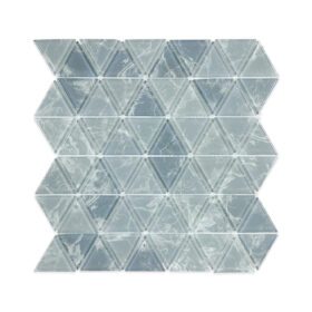 Gray marble and glass triangle mosaic tile with a mix of solid and veined patterns, arranged in a repeating triangular design.