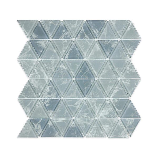 Gray marble and glass triangle mosaic tile with a mix of solid and veined patterns, arranged in a repeating triangular design.