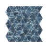 Blue marble and glass triangle mosaic tile with a deep blue background and light marble veining, arranged in a repeating triangular design.