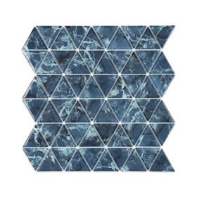 Blue marble and glass triangle mosaic tile with a deep blue background and light marble veining, arranged in a repeating triangular design.