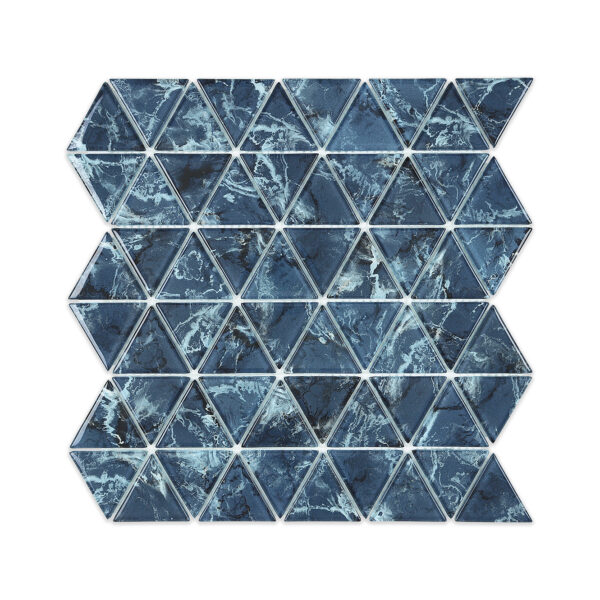 Blue marble and glass triangle mosaic tile with a deep blue background and light marble veining, arranged in a repeating triangular design.