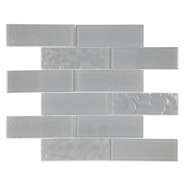 Gray glass subway tiles showcasing a mix of smooth and textured surfaces, designed to add subtle depth to interior spaces.