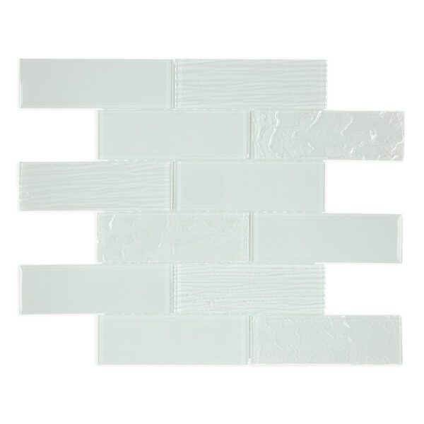 Clear white glass subway tiles with a mix of smooth and textured surfaces, designed to enhance light and add subtle texture to interior spaces.