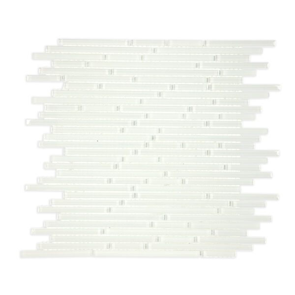 White iridescent glass stick mosaic tile with a horizontal pattern, designed to add linear elegance and shimmer to interior spaces.