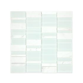 Marble and glass rectangular mosaic tile with a mix of smooth glass and subtly veined marble, arranged in a modern rectangular pattern.