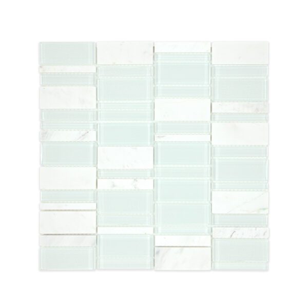 Marble and glass rectangular mosaic tile with a mix of smooth glass and subtly veined marble, arranged in a modern rectangular pattern.