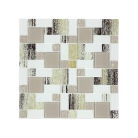 Natural tone marble and glass square mosaic tile with a blend of earthy tones and textures, designed to add a serene and sophisticated touch to interior spaces.