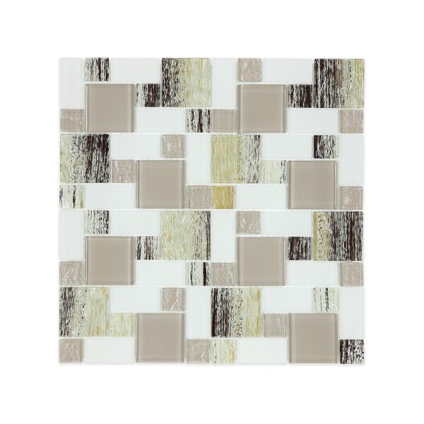 Natural tone marble and glass square mosaic tile with a blend of earthy tones and textures, designed to add a serene and sophisticated touch to interior spaces.