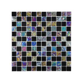 Black iridescent premium mosaic glass tile with a striking contrast between deep black tiles and vibrant iridescent pieces, designed to add dramatic shimmer to interior spaces.