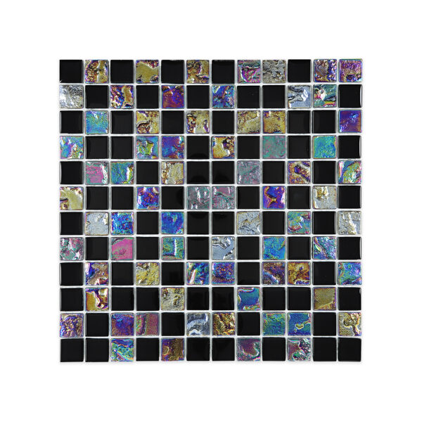 Black iridescent premium mosaic glass tile with a striking contrast between deep black tiles and vibrant iridescent pieces, designed to add dramatic shimmer to interior spaces.