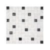 White glass and metal mosaic tile featuring three types of glass finishes (polished, cracked) and metal accents, mesh-mounted for easy installation.