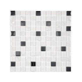 White glass and metal mosaic tile featuring three types of glass finishes (polished, cracked) and metal accents, mesh-mounted for easy installation.