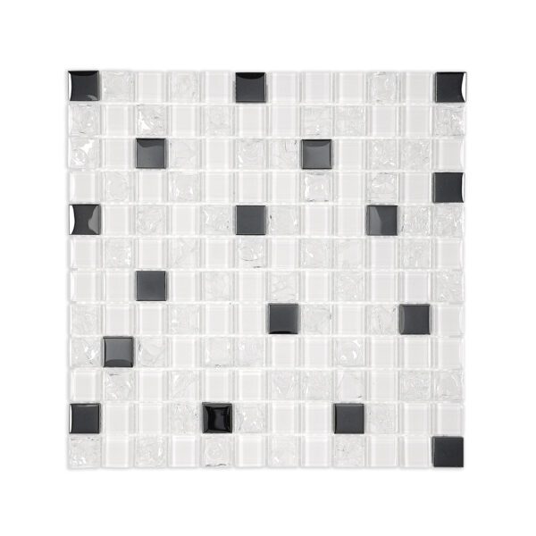 White glass and metal mosaic tile featuring three types of glass finishes (polished, cracked) and metal accents, mesh-mounted for easy installation.