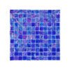 Close-up of square blue iridescent mosaic glass tiles with a shimmering, multi-toned effect, showing shades of blue and purple.