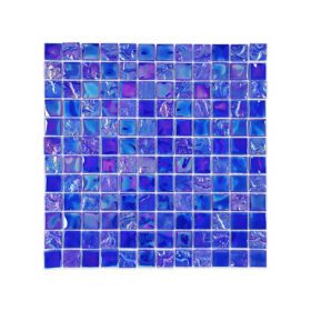 Close-up of square blue iridescent mosaic glass tiles with a shimmering, multi-toned effect, showing shades of blue and purple.