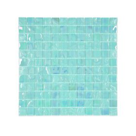 Iridescent turquoise mosaic glass tile with a subtle rainbow shimmer, designed to add aquatic radiance to interior spaces.