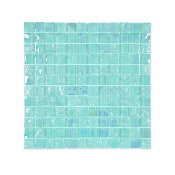 Iridescent turquoise mosaic glass tile with a subtle rainbow shimmer, designed to add aquatic radiance to interior spaces.