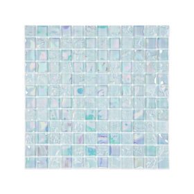 Grey iridescent textured glass mosaic tile with a subtle rainbow shimmer, designed to add an ethereal glow and natural texture to interior spaces.