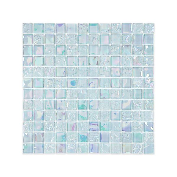 Grey iridescent textured glass mosaic tile with a subtle rainbow shimmer, designed to add an ethereal glow and natural texture to interior spaces.