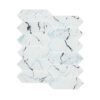 White marble look glass picket mosaic backsplash tile with black veins, featuring a glossy finish and a modern interpretation of a hexagon pattern.