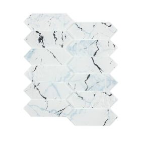 White marble look glass picket mosaic backsplash tile with black veins, featuring a glossy finish and a modern interpretation of a hexagon pattern.