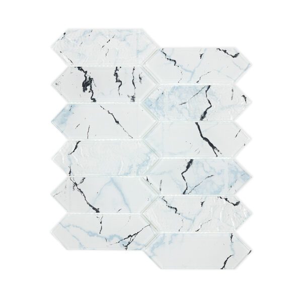 White marble look glass picket mosaic backsplash tile with black veins, featuring a glossy finish and a modern interpretation of a hexagon pattern.