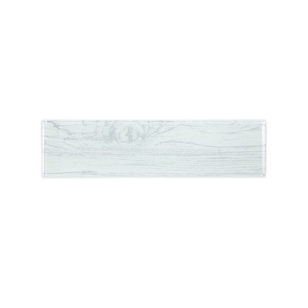 3x12 inch white wood look glass subway tile with a delicate wood grain pattern and a glossy finish, designed to add rustic charm with a modern twist to interior spaces.