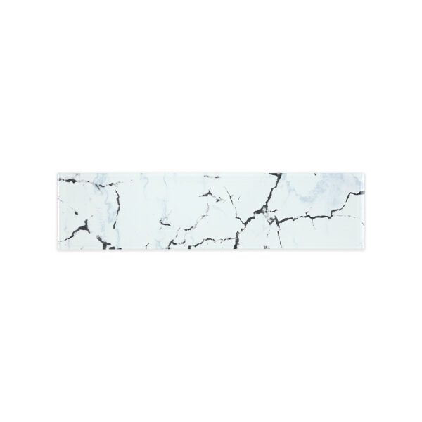 Close-up image of a subway glass tile with a white marble-like pattern featuring subtle grey veining and a smooth, glossy finish.